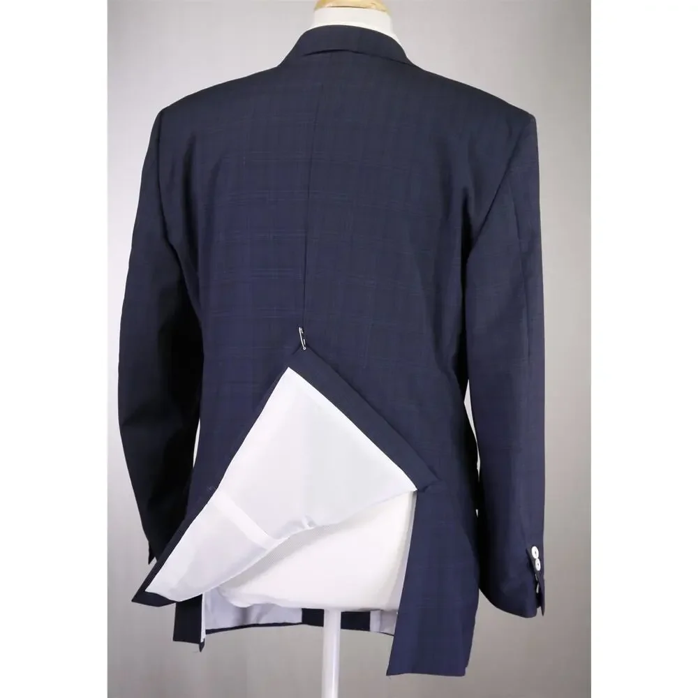 Peter Millar Navy Blue Black Plaid Check Black Double Breasted Wool Suit 44R